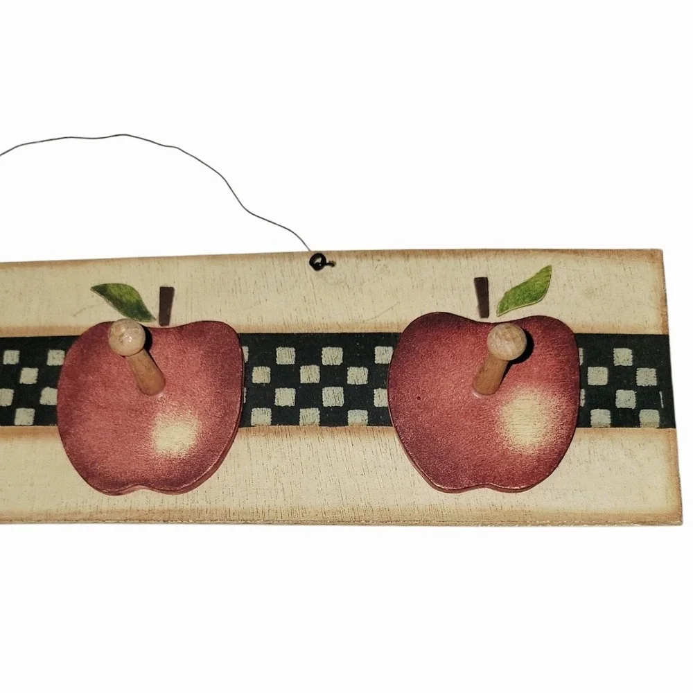 Primitive Country Apple Wooden Peg Rack 4 Hooks Farmhouse Kitchen Wall Decor